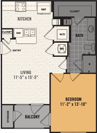 Floor plan for 1 bed, 1 bath, 624 sqft